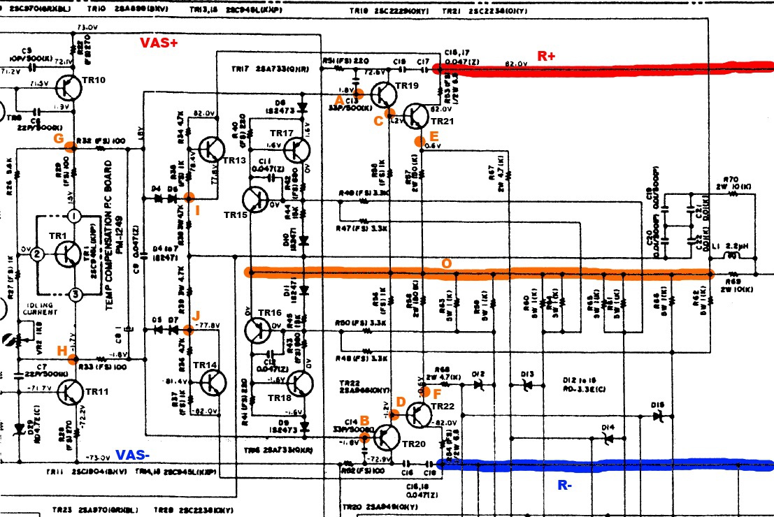 AKAI PS 200M Schematic Detail Power Amplifier Voltages Around Drivers
