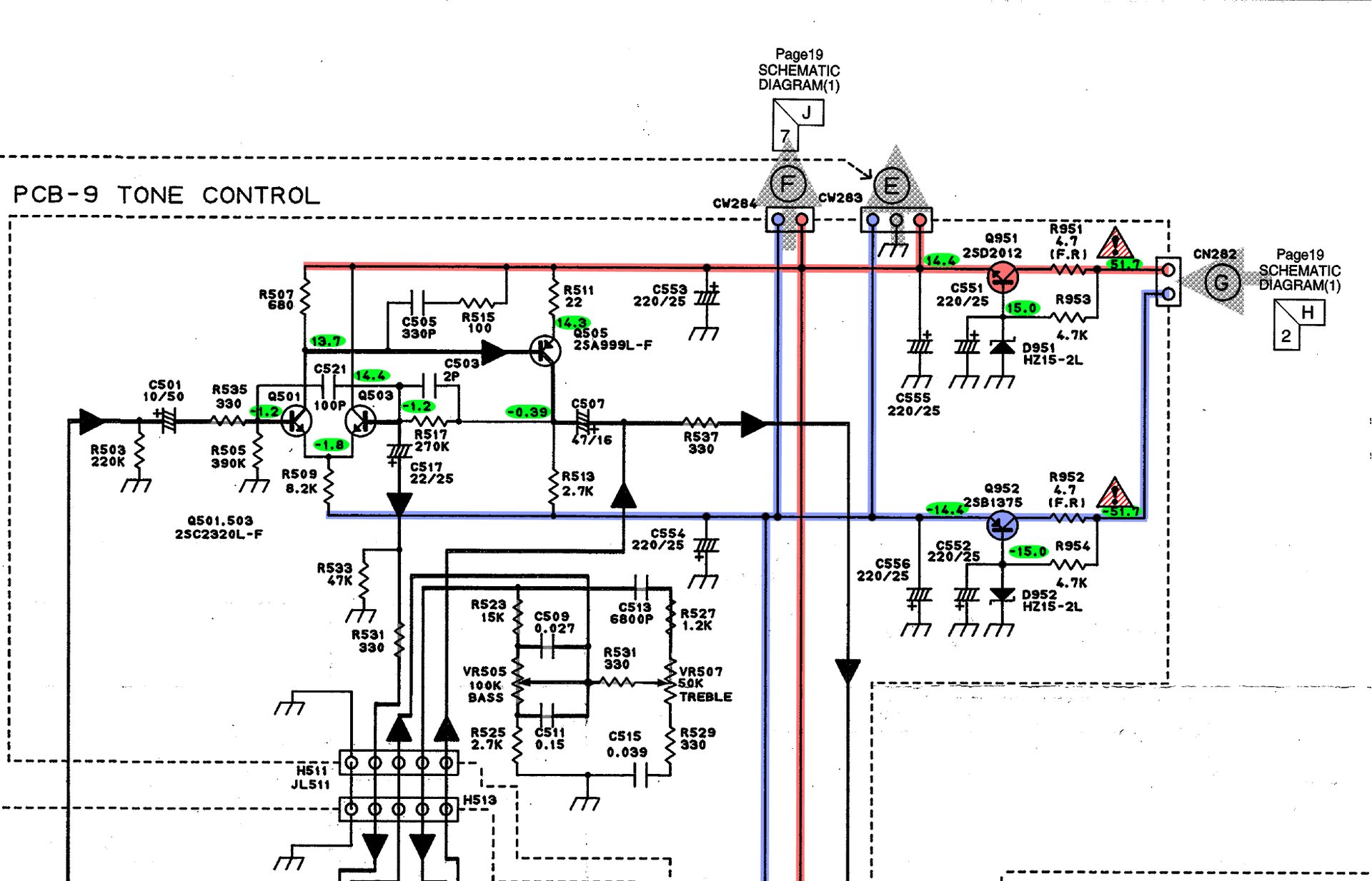 Harman Kardon KH680 schematic detail tone amp and 14.4V voltage