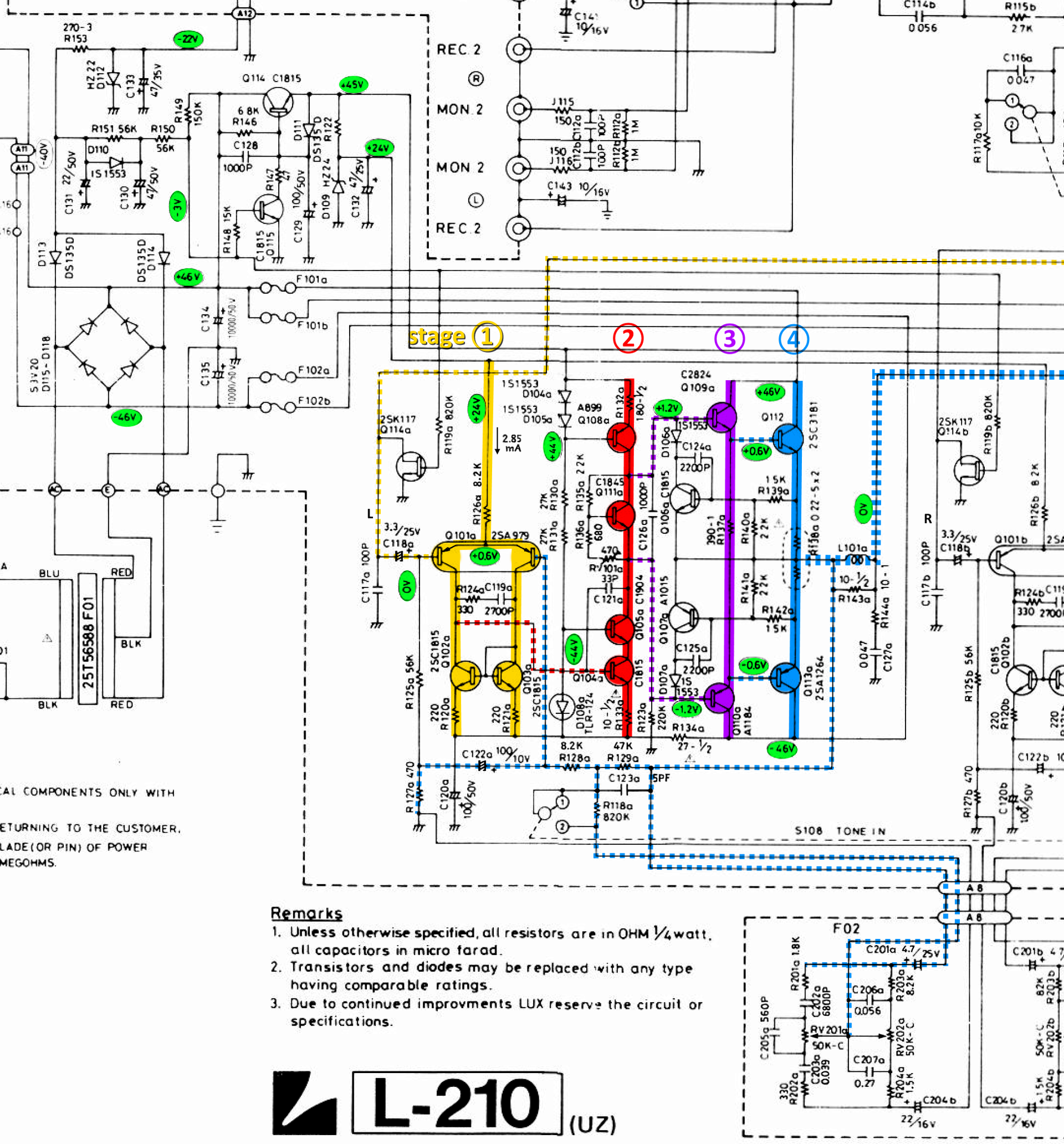 Luxman L-210 schematic detail left power amp and power supply with