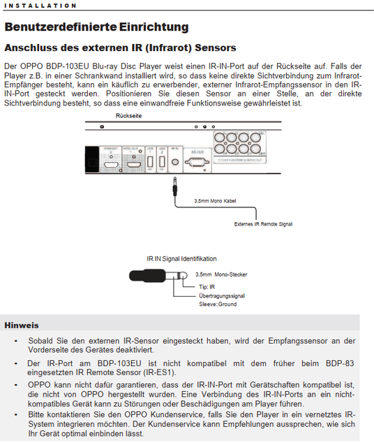 Oppo BDP-103D IR Eingang