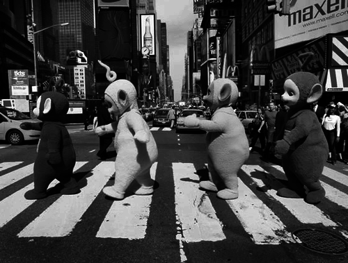 Teletubbies Crossing Road Funny Black And White Image