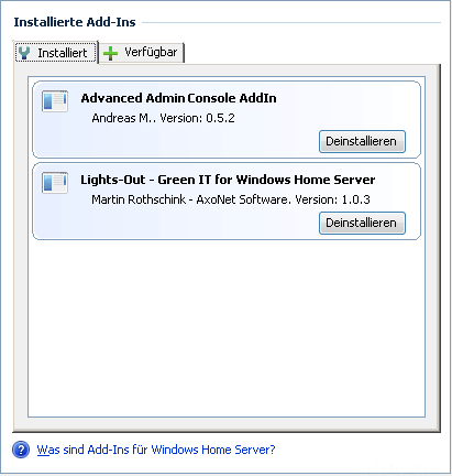 WHS Add-Ins Installiert Stand 02.10.2010