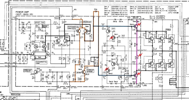 Kenwood L-07M MkII schematic with defective parts marked