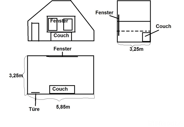 Zimmer zeichnung vorder, seiten, draufsicht