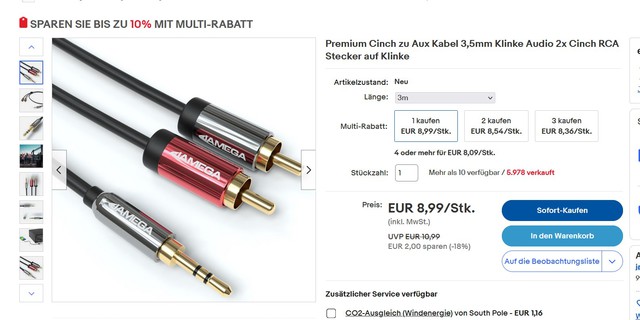 Kabel Klinke Auf 2x RCA