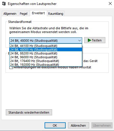 Einstellungen Für Samplerate Unter Win10