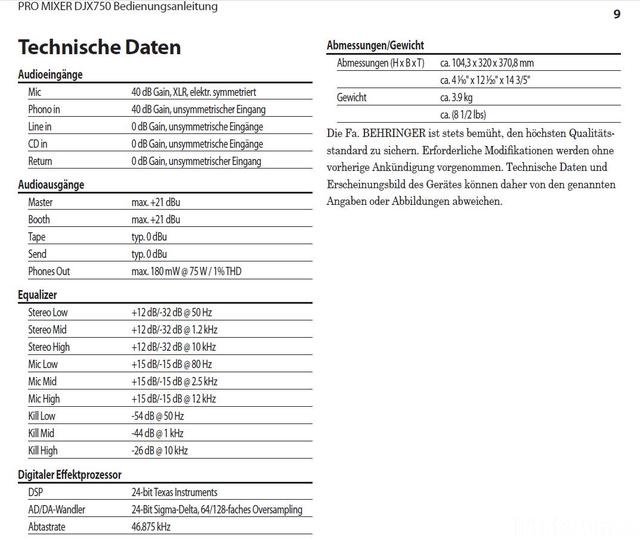 Datenblatt Behringer DJX 750