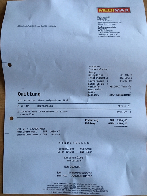 Kaufbeleg Samsung KS9090