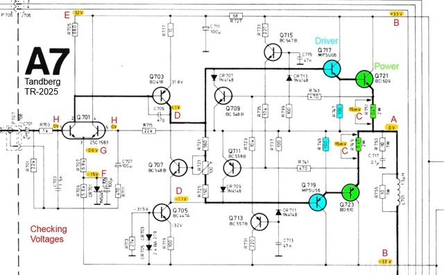 Tandberg Tr 2025 Schematic Detail Power Amp Marked Voltage Checkpoints 273976