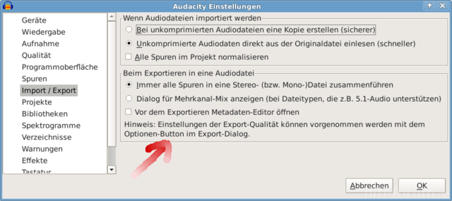 Qualität-Menü Audacity