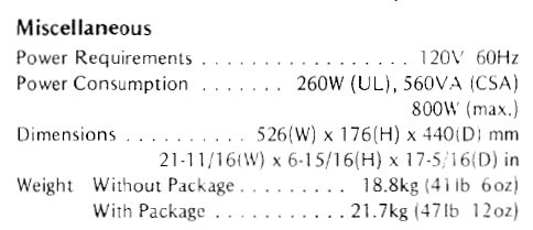 Pioneer Sx980 Spcifications 120V60Hz