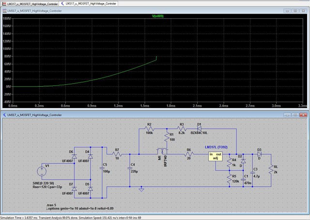 LM317 & MOSFET Maida - HV Regulator (LTSpice)