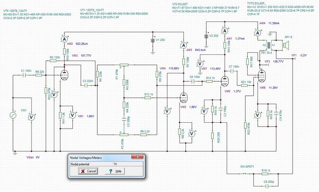 TINA-TI Screen - Schematic SE Amp 12DT8 PCL82 With Tone Control