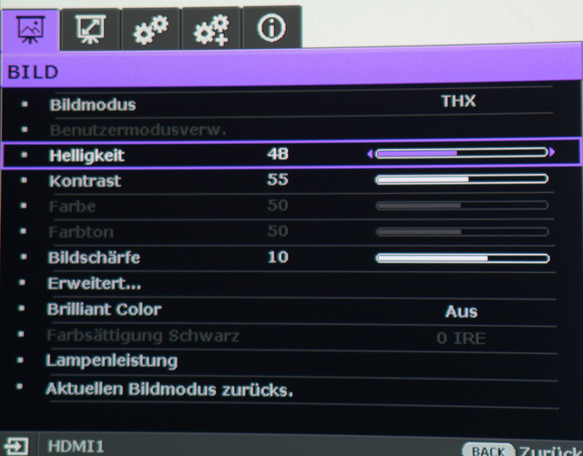 BenQ W8000   Optimale Einstellung Bildmenü   Bildmodus THX