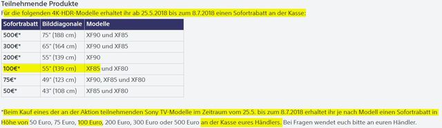 Sony Sofortrabatt Mai-Juli 2018