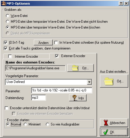 %s %d gehört immer an den Anfang, das sind die Platzhalter, an denen Audiograbber Quell- (Source) und Zieldateinamen (Destination) einsetzt.