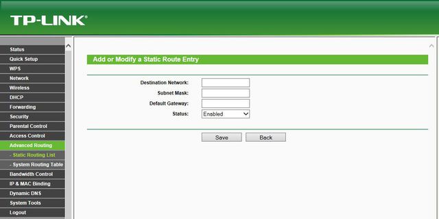 TP Link Static Routing List