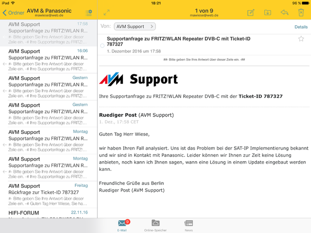 AVM Support Antwort Zum DVB-C Repeater & Panasonic DVB Via IP Problematik