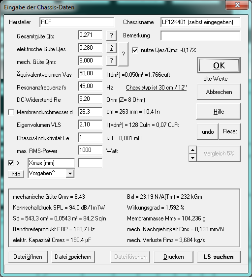 RCF LF12X401 Eingabemaske