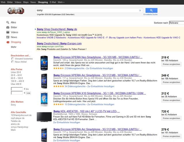 Suche "sony" Via Google Suche "Shopping"