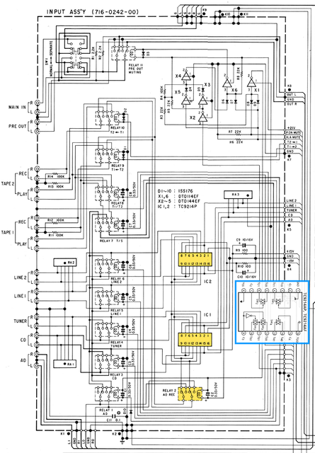 Accuphase E-206 schematic detail input selector CMOS IC TC9214P TC9214AP and relay marked