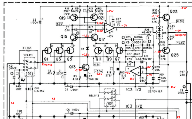 Accuphase E-305 schematic detail phono pre with voltages