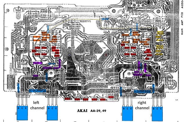 Akai AA-39 PCB Layout Main Amp Stages Marked