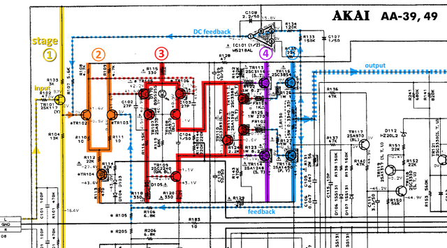 Akai AA-39 schematic detail left power amp stages marked