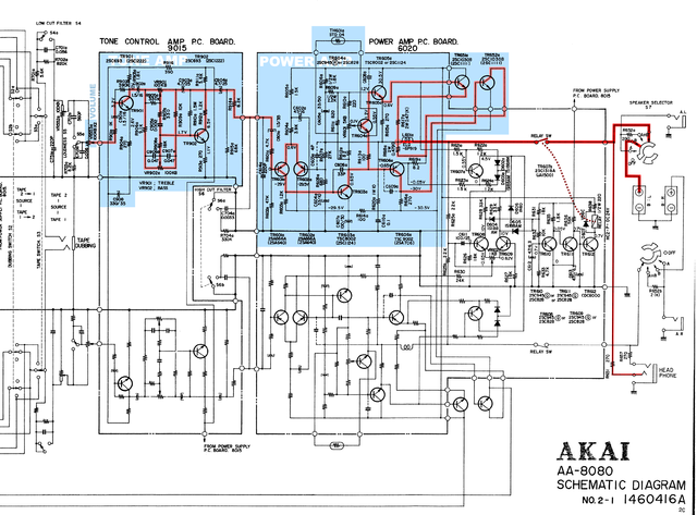 Akai AA-8080 schematic detail signal from volume to tone amp power amp and output terminal