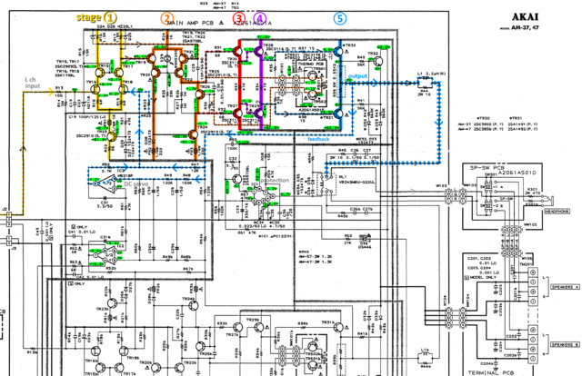 Akai AM-37 AM47 schematic detail left power amp and output stages and voltages marked