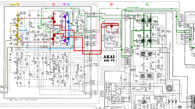 Akai AM-73 schematic detail power amp and protection stages marked voltages corrected
