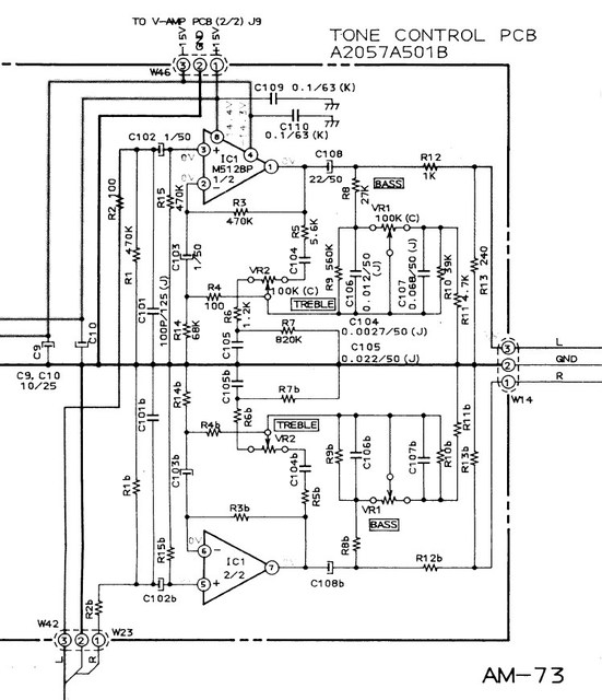 Akai AM-73 schematic detail tone control opamp M5218P M5128P