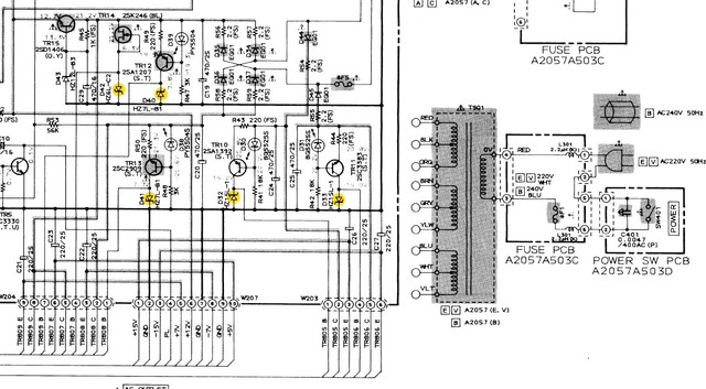 Akai AM-73 schematic detail voltage regulators with zener diodes marked