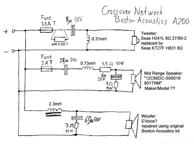 Boston Acoustics A200 Frequency Crossover Network Schematic