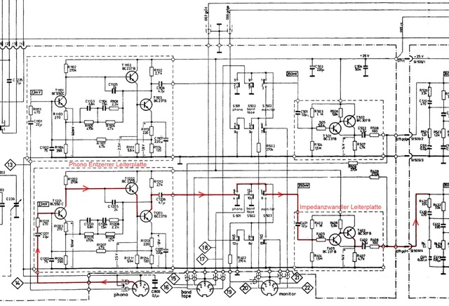 Braun Regie 450 Schaltplan Detail Phono und Eingangswahlschalter farbig markiert