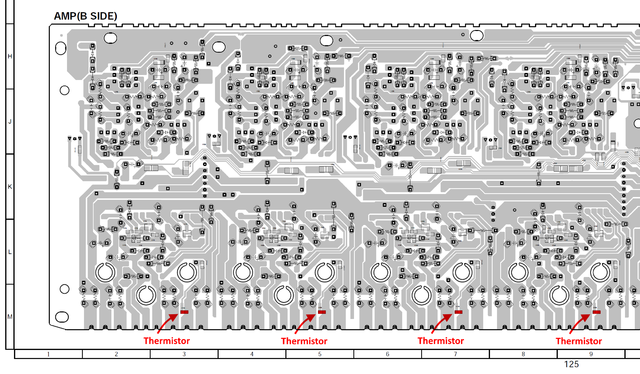 Denon AVR-X4000 PCB Layout AMP(B SIDE) With Thermistors Marked