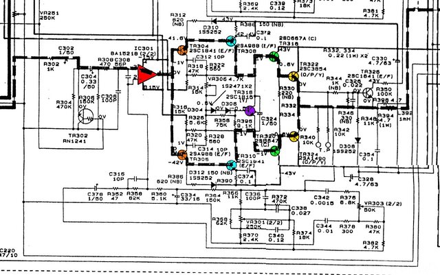 Denon DRA-365RD schematic detail power amp colored semiconductors