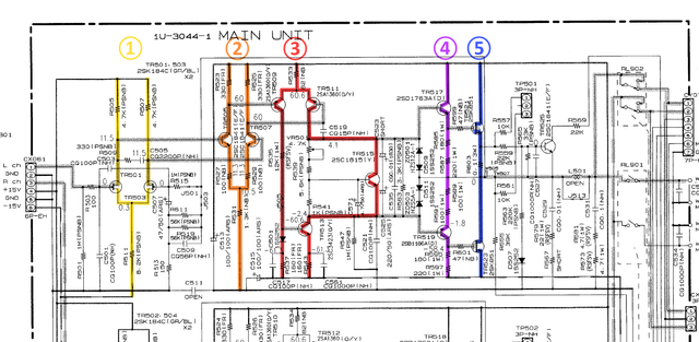 Denon PMA-1500R schematic detail left power amp stages marked