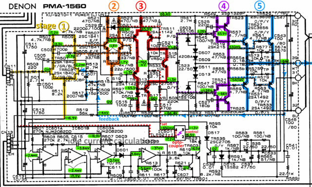 Denon PMA 1560 Schematic Detail Left Power Amp Stages And Voltages Marked