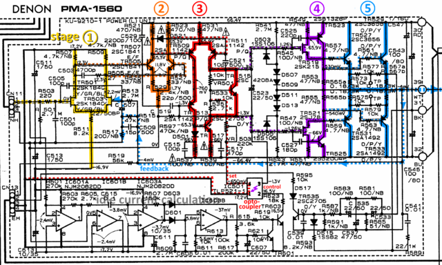 Denon PMA-1560 schematic detail left power amp stages marked