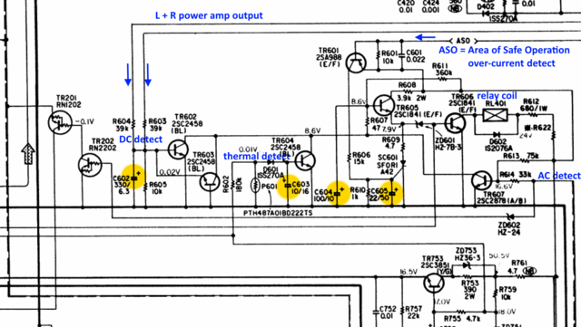 Denon PMA-520 schematic detail protection circuit capacitors marked