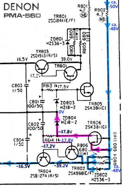 Denon PMA-560 schematic detail 16V regulator voltages marked