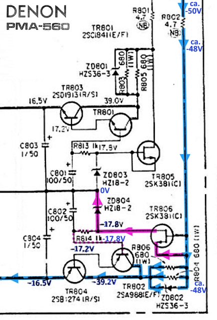 Denon PMA 560 Schematic Detail 16V Regulator Voltages Marked