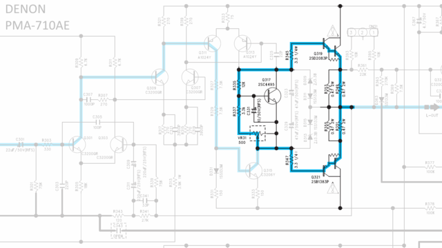 Denon PMA-710AE schematic detail left power amp final stages in focus