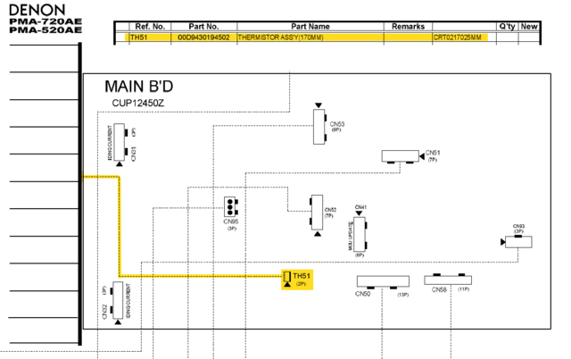 Denon PMA-720AE PMA-520AE locating mainboard connectors TH51 thermistor thermal sensor marked