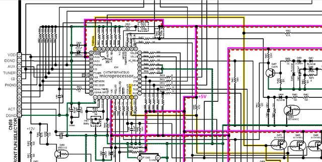 Denon PMA-720AE PMA-520AE schematic detail microrocessor with protection signals marked