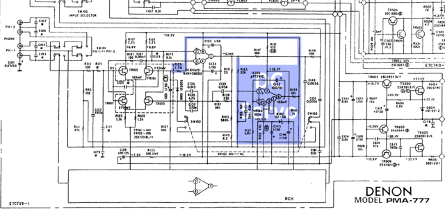 Denon PMA-777 schematic detail Phono Equalizer DC servo marked
