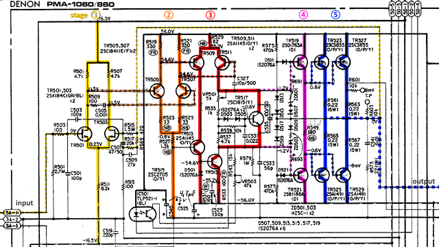 Denon PMA-860 PMA-1060 Schematic Detail Left Power Amp Stages Marked