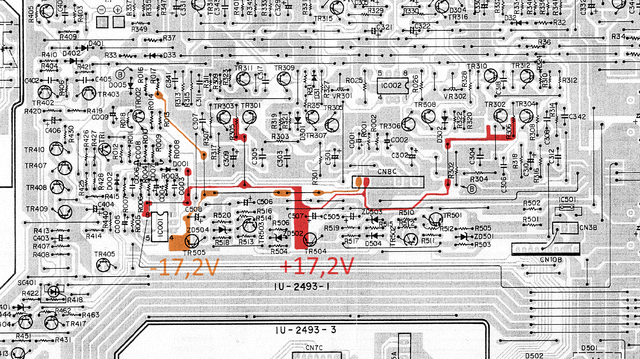 Denon PMA-880R main PCB layout with regulators marked