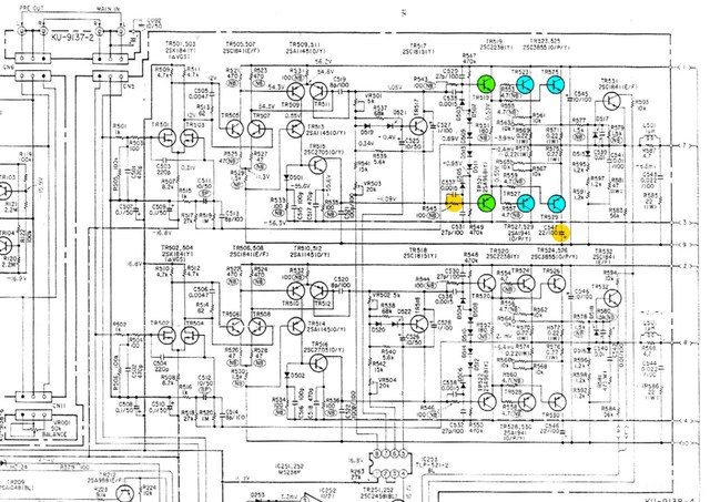 Denon PMA-920 schematic detail power amp section _marked